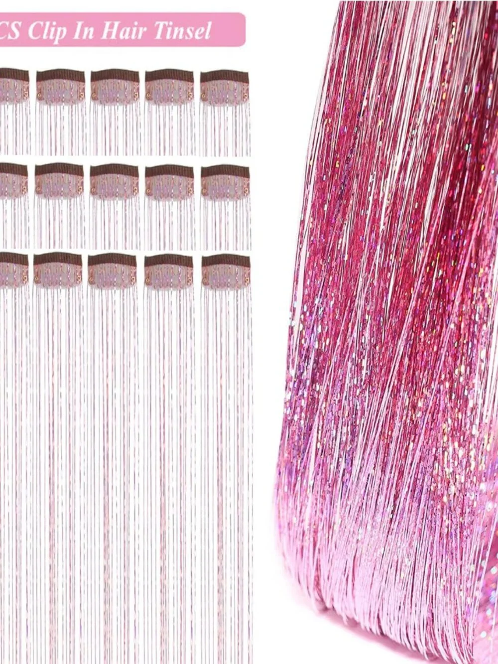 Hair Tinsel Kit Pack of 18 Pcs Hair Tinsel Clip in 19.6Inch Glitter Tinsel Hair